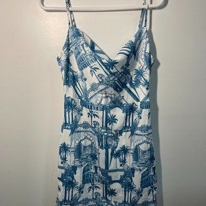 Cowl Neck Blue and White Silk Mini Dress